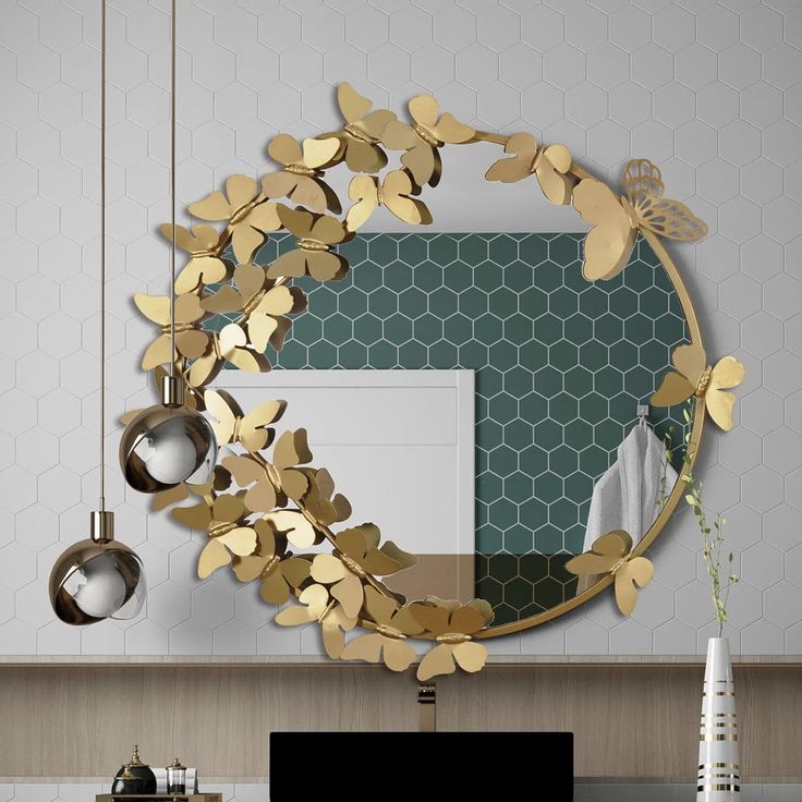 Gold Mirrors for Wall, Butterfly Round Decorative Wall Mirror for Living Room,Bathroom
