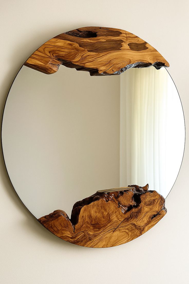 Handmade Round Mirror with Natural Olive Wood Frame l Rustic Wall Mirror l Boho Home Decor